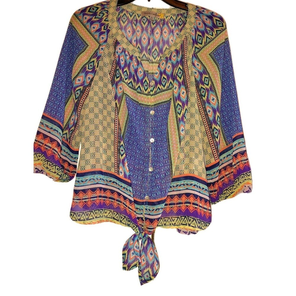 Figuier Flower Dillard's Petite Large Boho Geometric Tie Front Blouse NWT PL